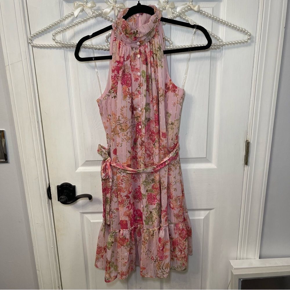 Taylor Women's Pink Floral-Print Mock-Neck A-Line Dress